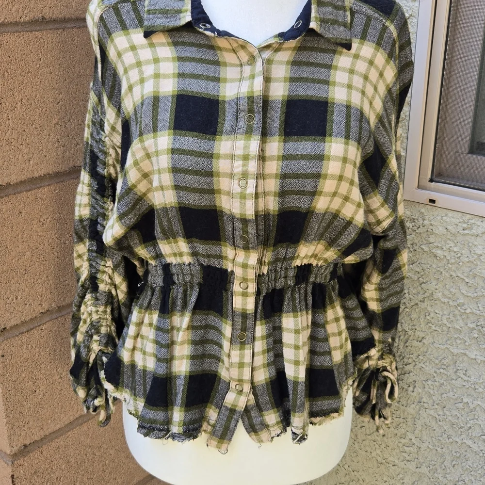 We The Free Wool Blend Plaid Peplum Snap Button Blouse - Picture 2 of 11